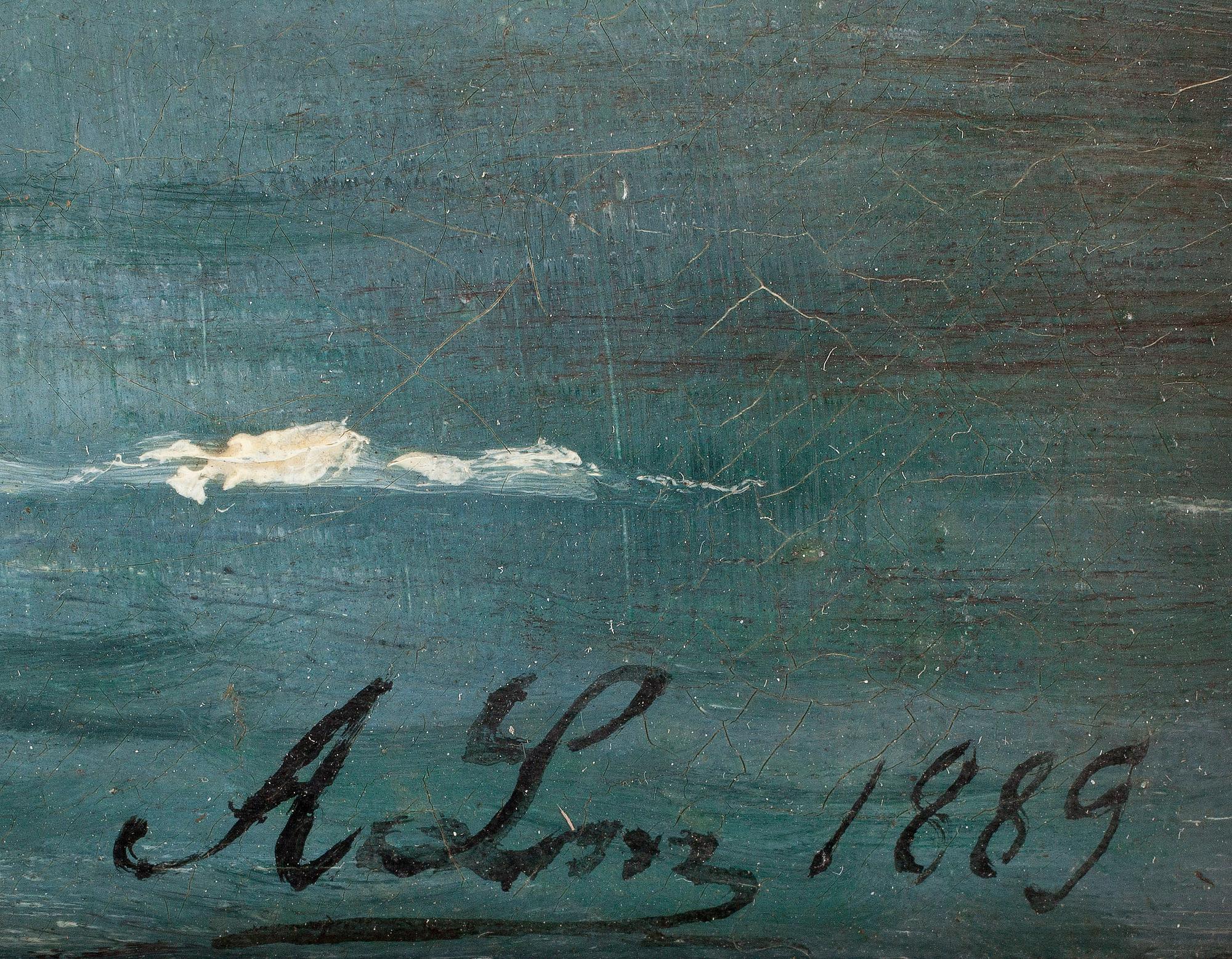 OKÄND KONSTNÄR, olja på duk, otydligt signerad, daterad 1889.