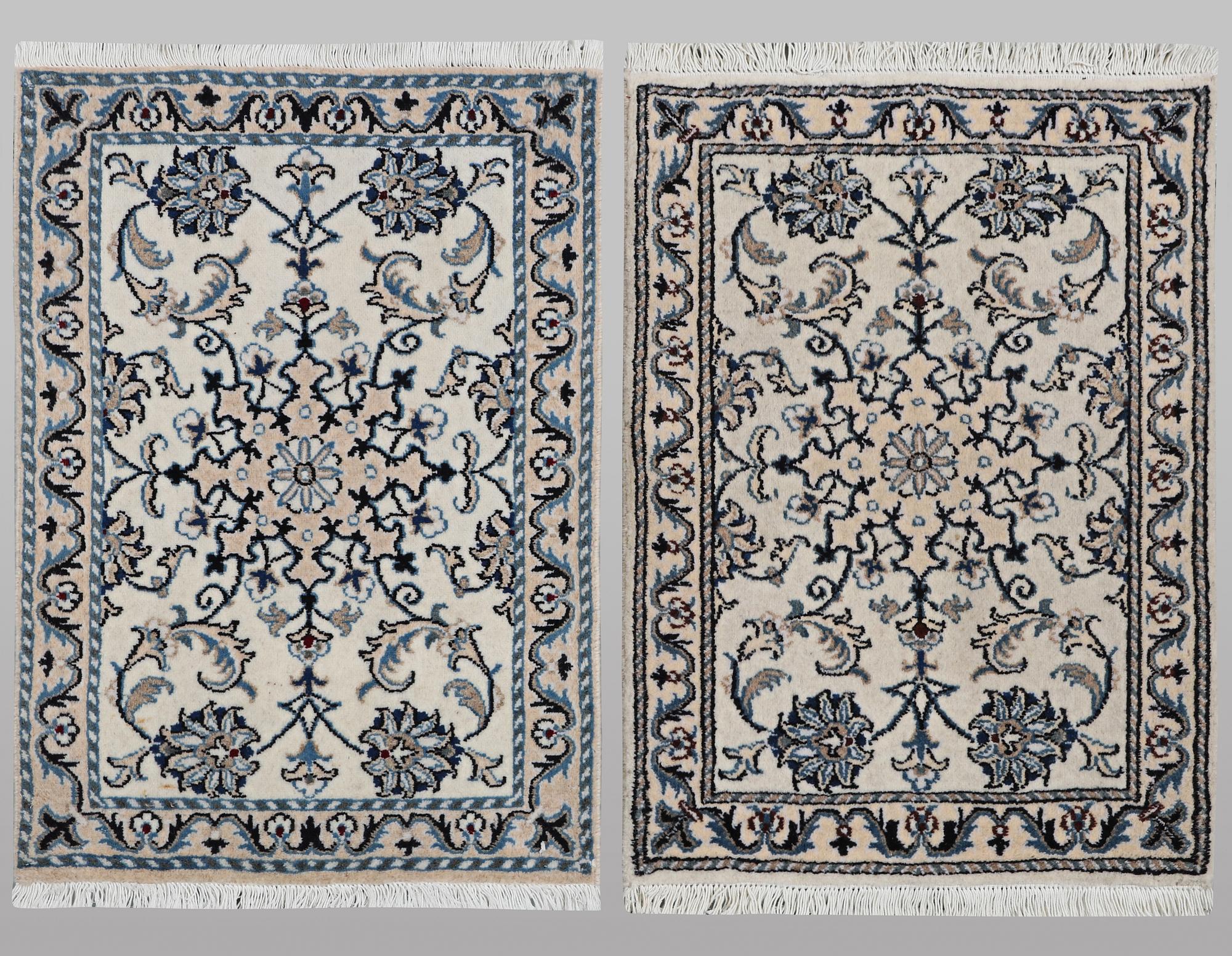 A pair of rugs, Nain, part silk, ca 80 x 60 cm 
 & ca 83 x 58 cm.