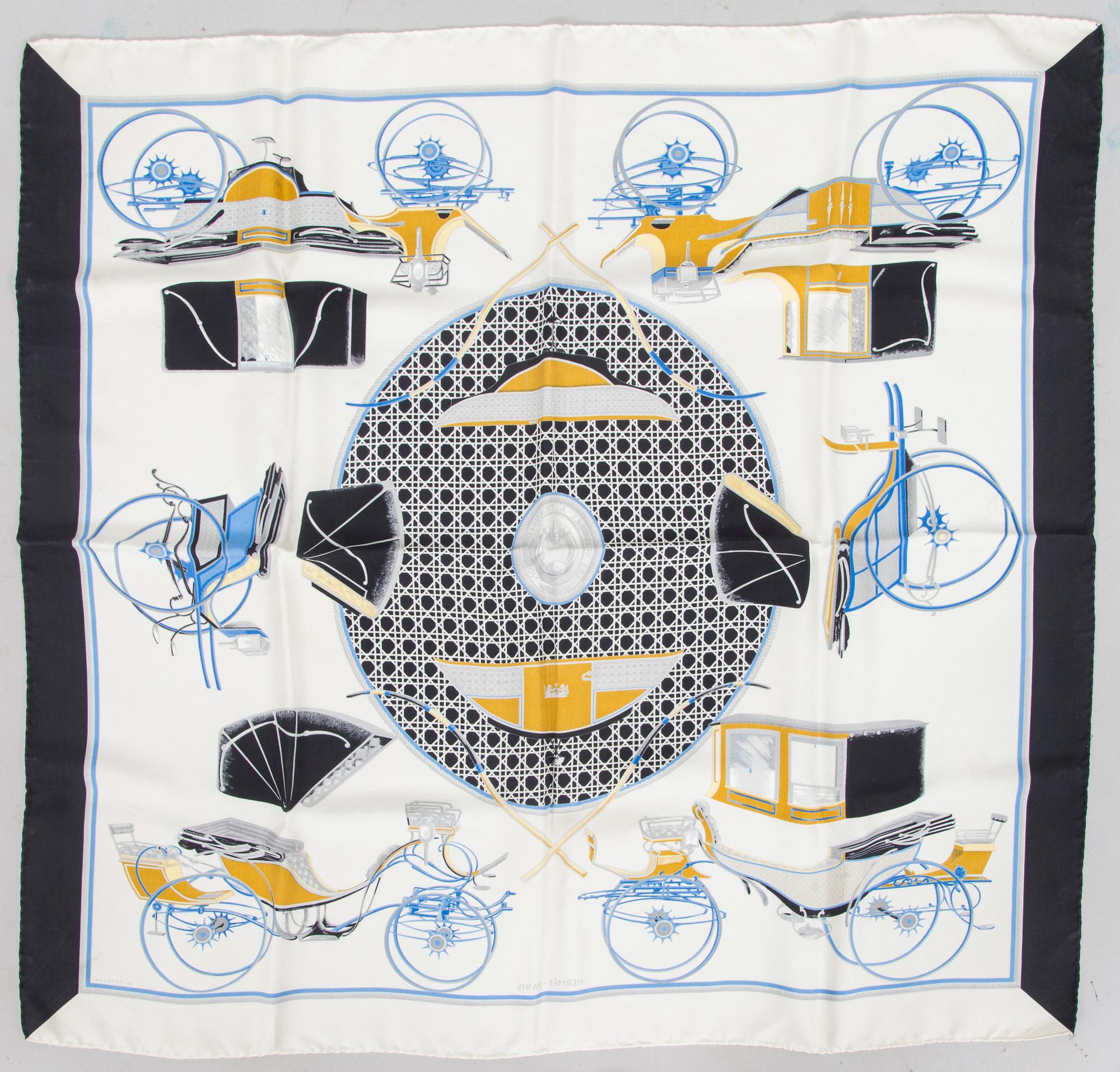 Hermès, a 'Les Voitures à Transformation' silk scarf.