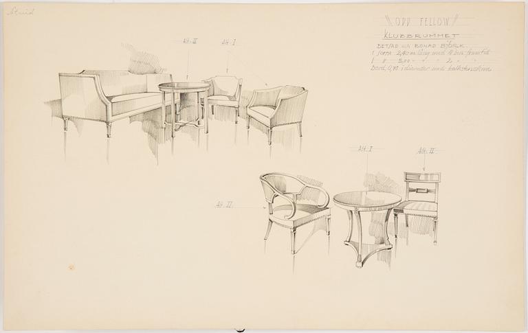 MÖBELRITNINGAR, 10 stycken, blyerts, Odd Fellow huset Stockholm 1920-tal.