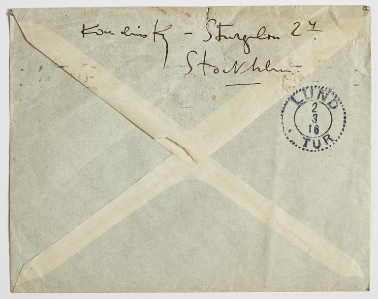LETTER, from Wassily Kandinsky in Stockholm to GAN (Gösta Adrian-Nilsson) in Lund, dated 29 II (19)16 Envelope enclosed.