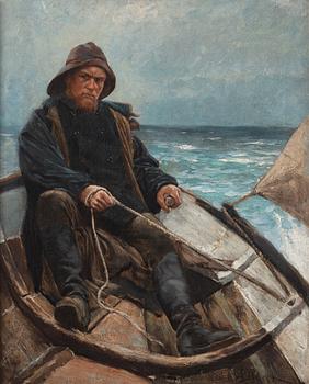 950. Oscar Björck, En fiskare i sin båt till sjöss.