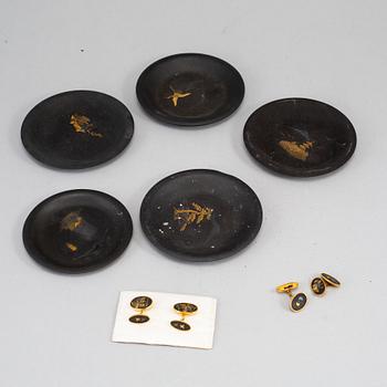 A set of five Japanese metal dishes and a pair of cuff links, 20th Century.