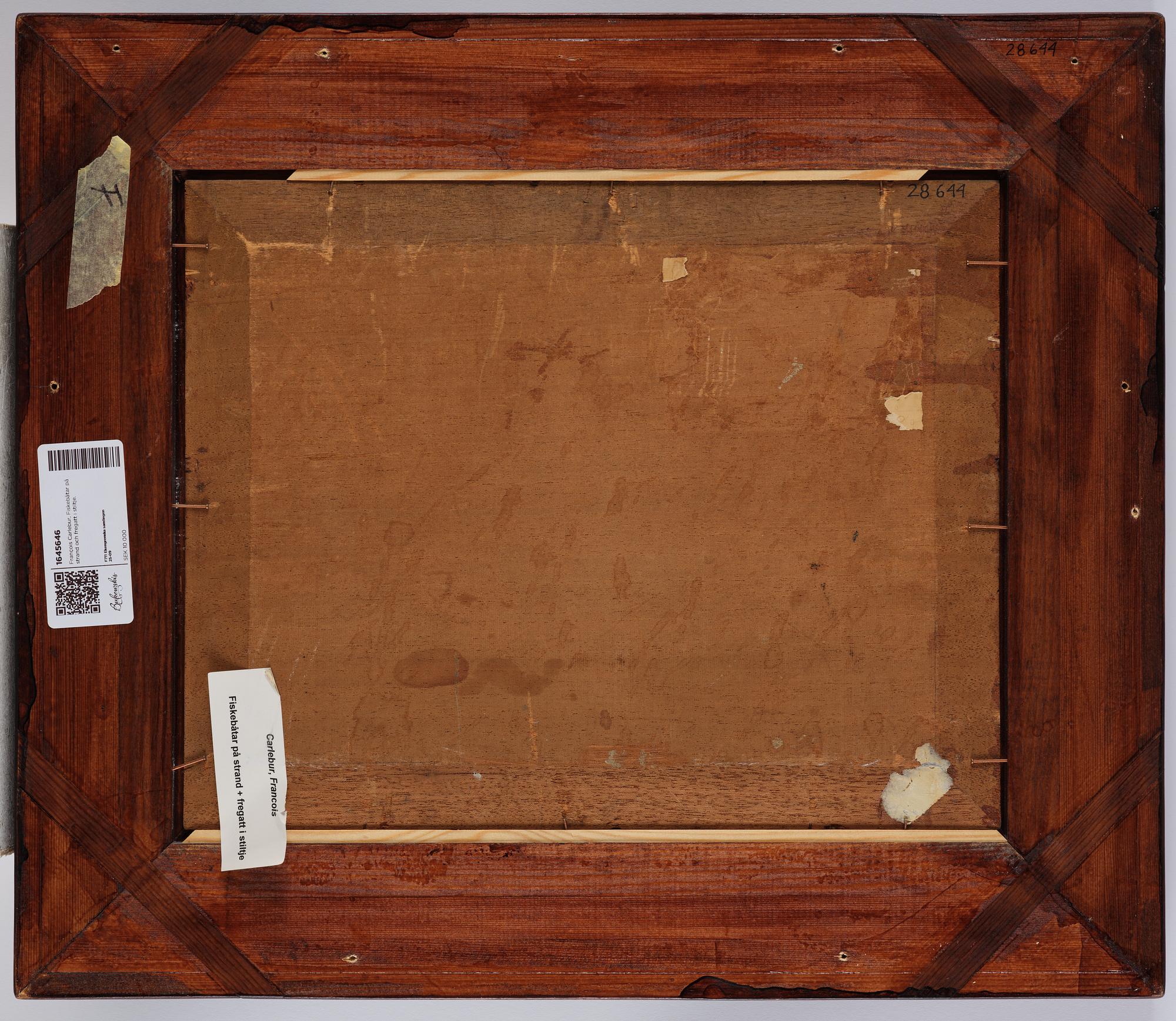 François Carlebur, Fishing boats on the shore and a frigate at anchor.