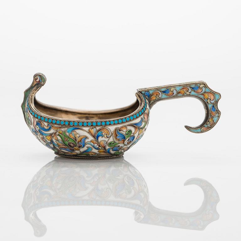 Khlebnikov, a silver-gilt and cloisonné enamel kovsh, Moscow 1908-1917.