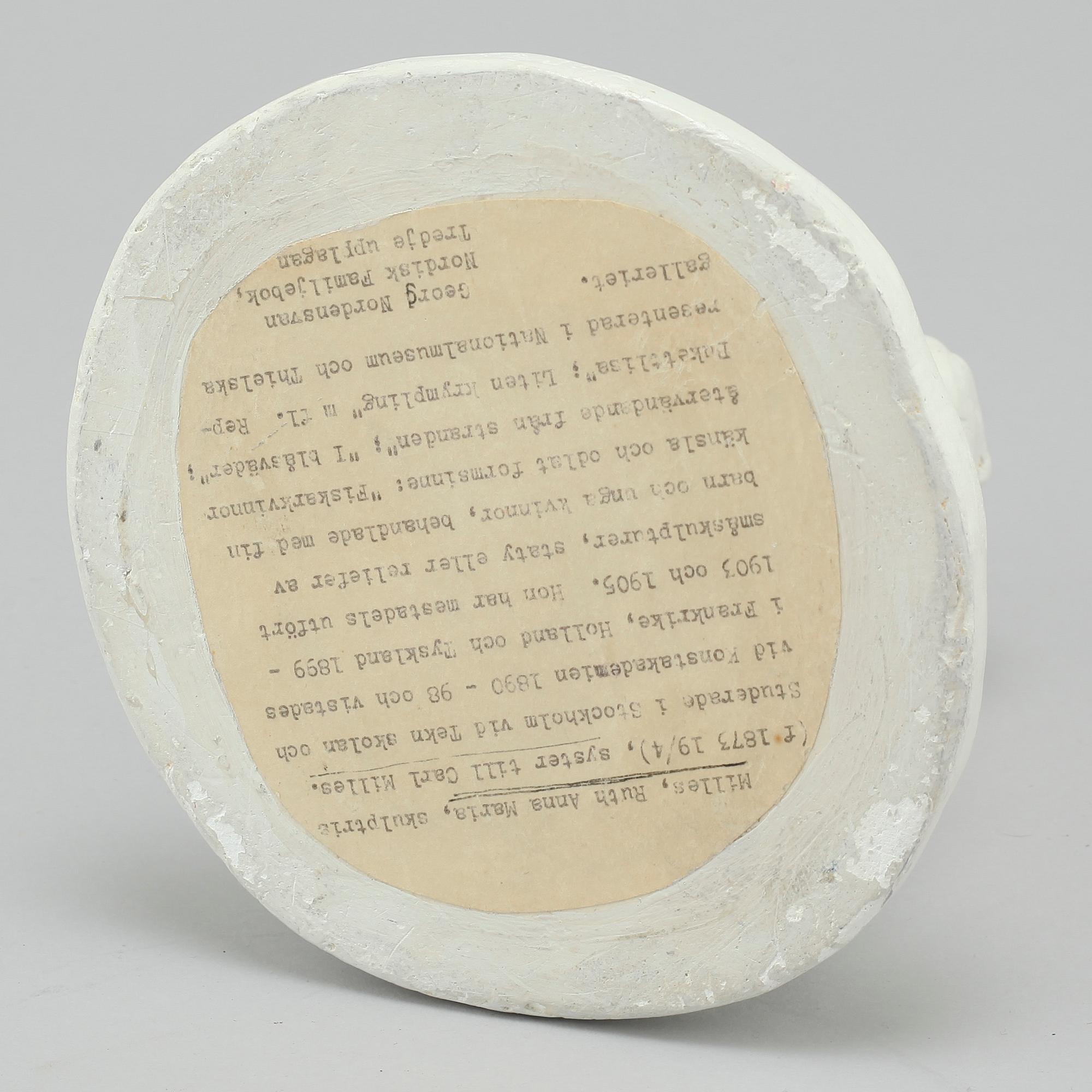 RUTH MILLES, sculpture, plaster, signed and dated 1911.