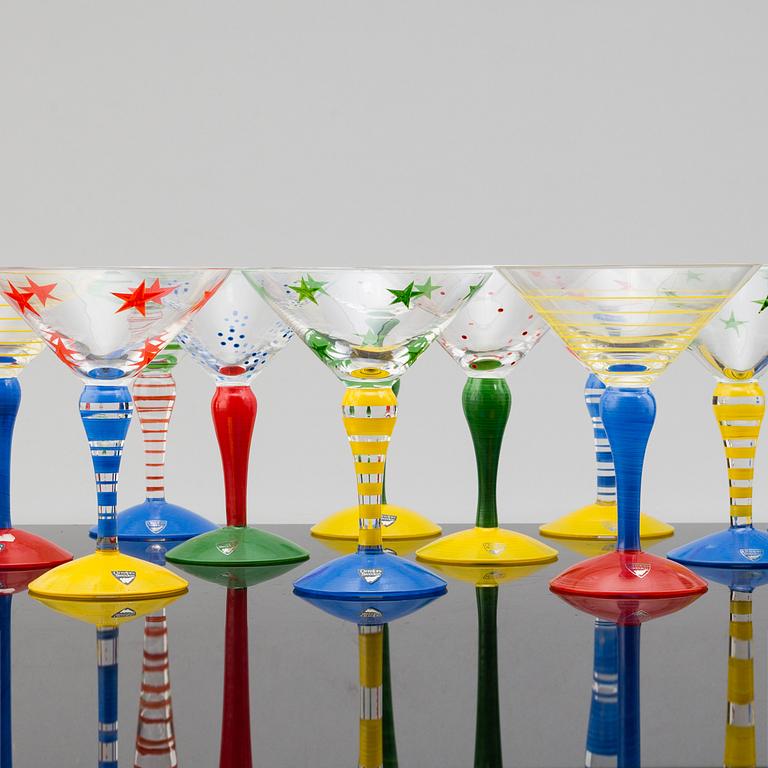 Twelve handpainted and signed 'Clown' martini glasses by Anne Nilsson, Orrefors.