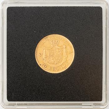 Gold coin, Oscar II, 10 kronor, type I, Sweden 1876.
