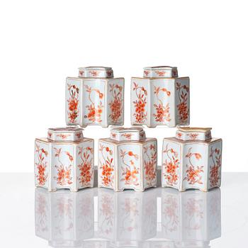 A 'rouge de fer' six piece tea caddy set, Qing dynasty, early 18th Century.