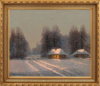 Wiktor Korecki, Landscape with Buildings in Winter Attire.
