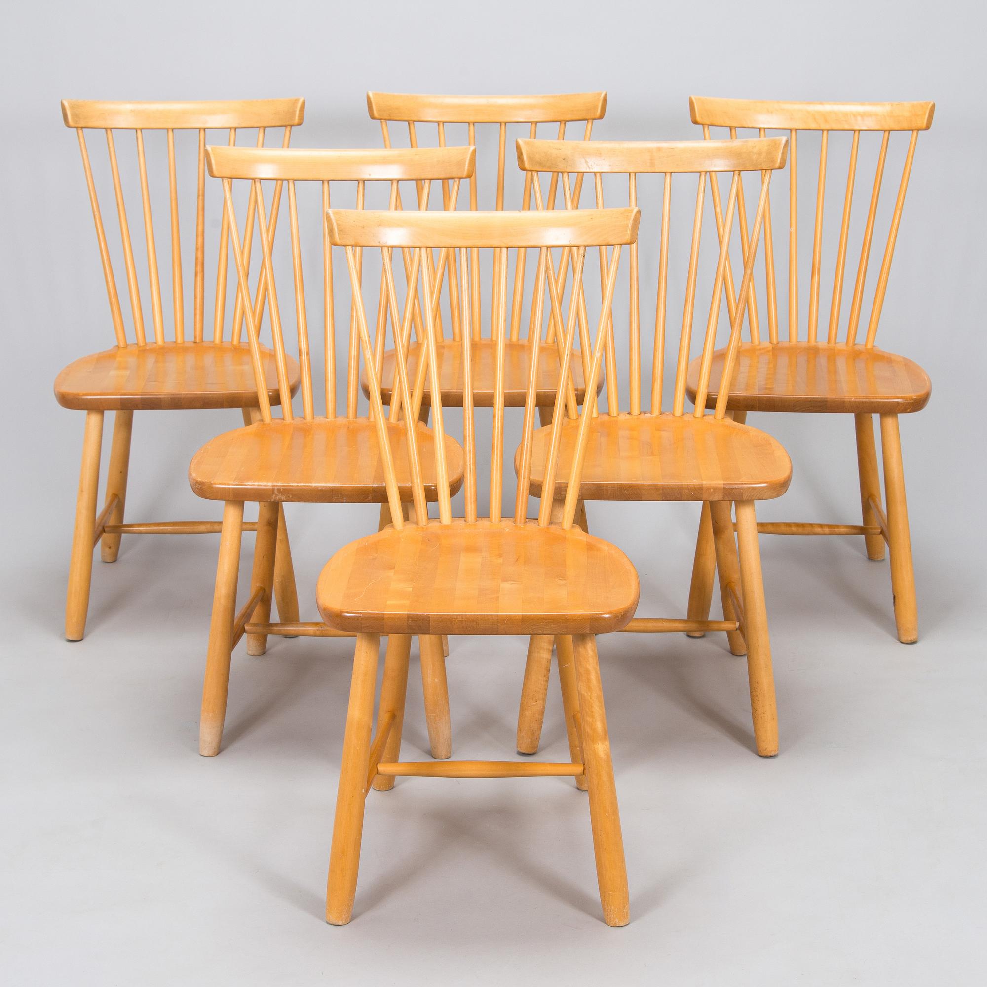 Carl Malmsten, a set of six "Lilla Åland" chairs, Stolab, dated 1990-1992.
