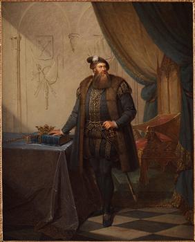 Johan Gustaf Sandberg, Gustav Vasa stående i en slottsinteriör intill ett draperat bord vilandes ena handen på Vasabibeln.