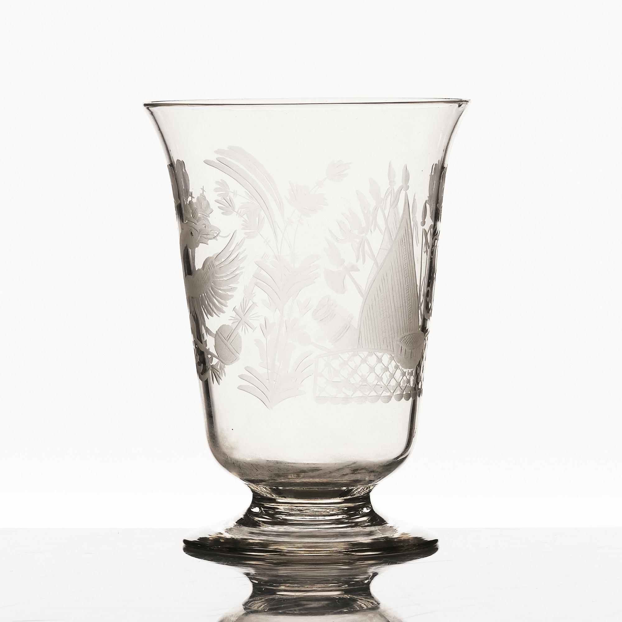 A Russian commemorative glass Goblet, engraved with Russian imperial crown and monogram, around 1900.