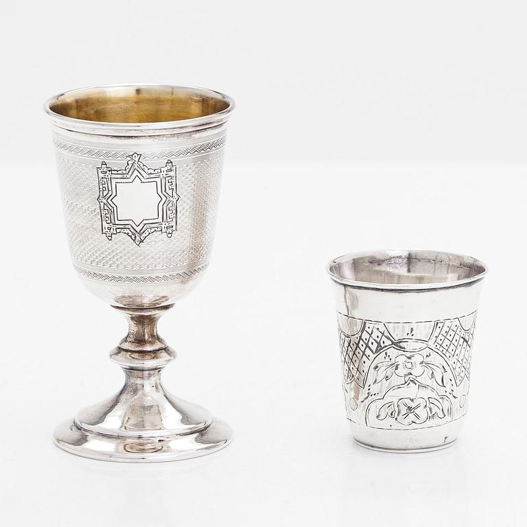 Two silver beakers from Moscow, 1874 and 1882, maker marks of Fyodor Ivanov and Alexander Egorov.
