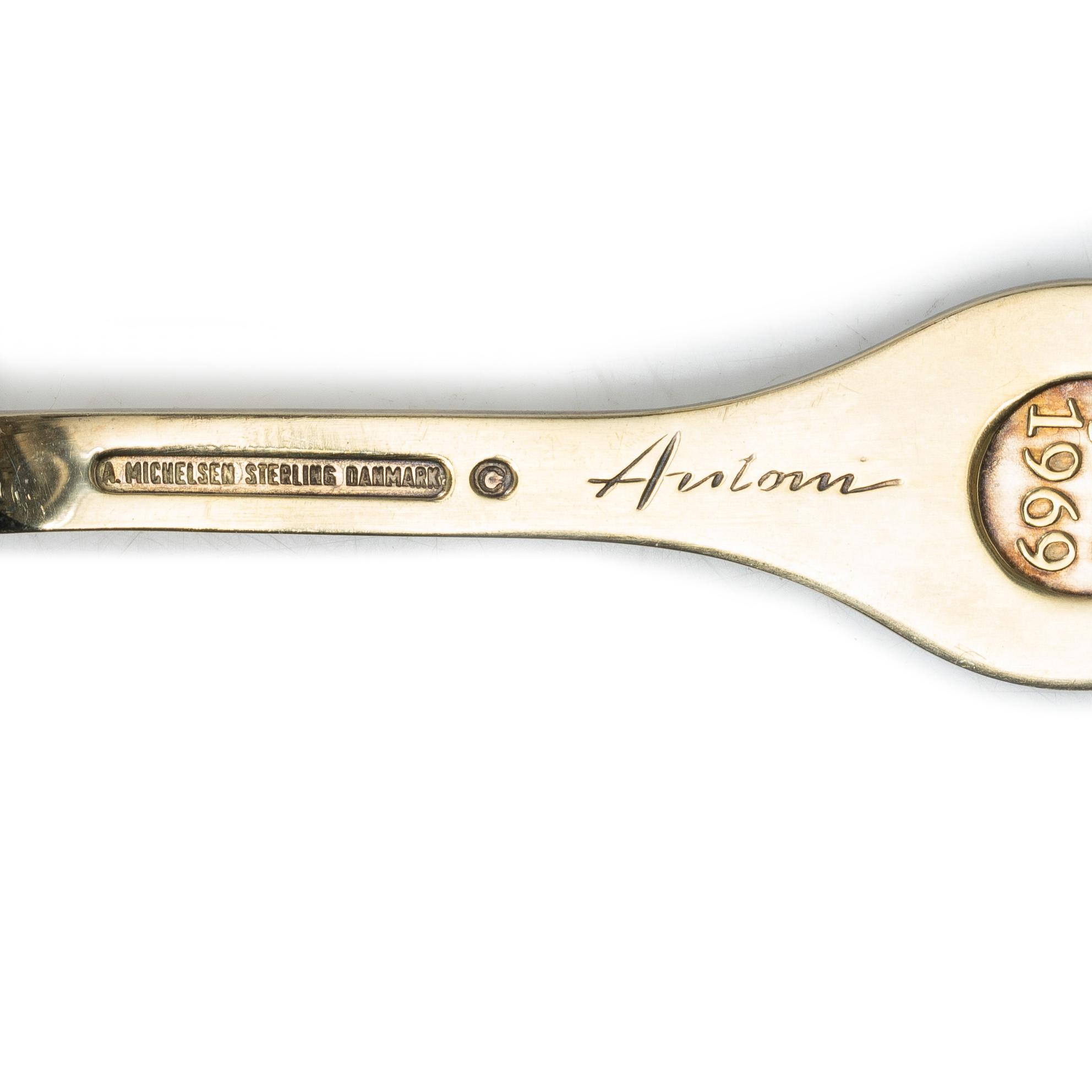 Anton Michelsen, Annual/Christmas spoons, 6 pcs, gilt sterling silver and enamel, Denmark, 1960s.