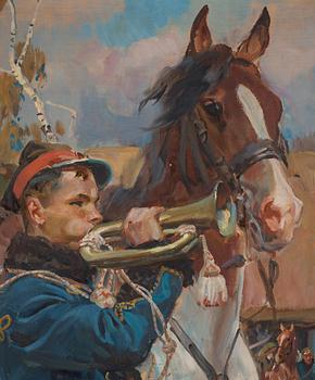 Wojciech von Kossak, Uhlan with a brass horn.