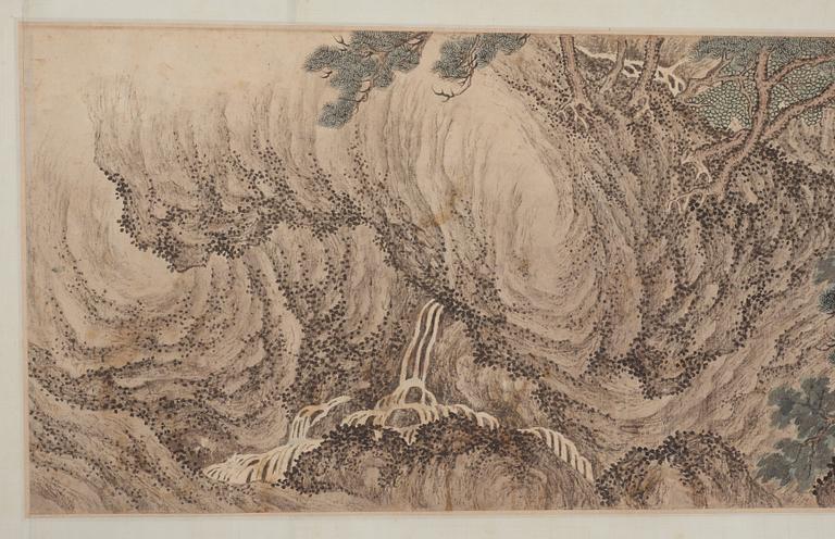 A handscroll of figures in a landscape, and with calligraphy, Qing dynasty, 19th Century.