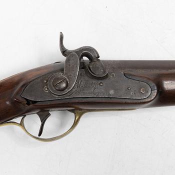A military percussion pistol 19th century. Converted from flintlock, marked Malherbes, fabr d'armes a Liege.