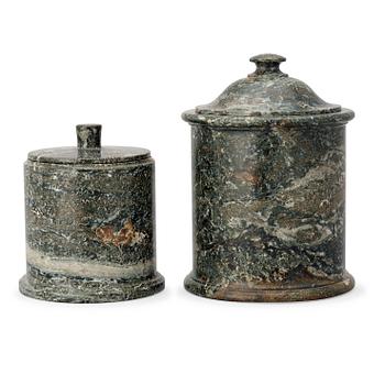 1314. Two Swedish green marble 19th century tobacco boxes with covers.