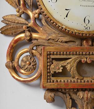 Wall clock, late Gustavian, Sven Peter Hörning (1750-1808, watchmaker in Stockholm, took over Petter Ernst's clock factory in 1785).