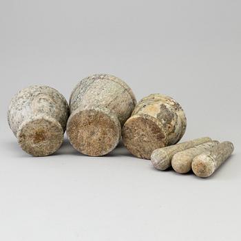 THREE SWEDISH GREEN MARBLE MORTARS AND PESTLES.