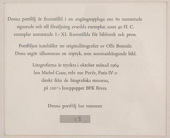 OLLE BONNIÉR, färglitografisk portfölj/triptyk, samramad, signerad Bonniér, daterad -64 samt numrerad 65/80 med blyerts.