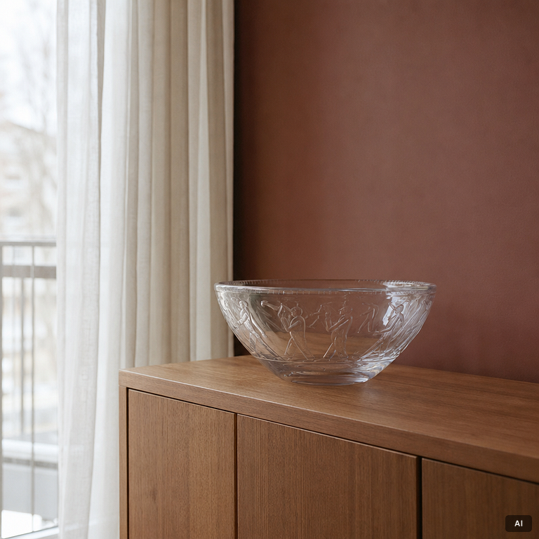 Erik Höglund, an engraved glass bowl "The Emperor's New Clothes", model H 838, Boda 1950s.