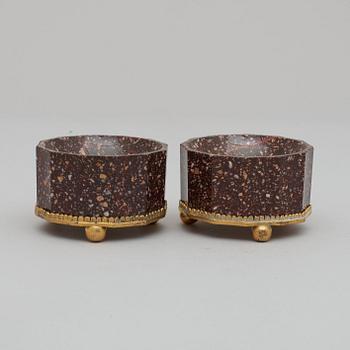 A pair of Swedish 19th century porphyry and gilt bronze salts.