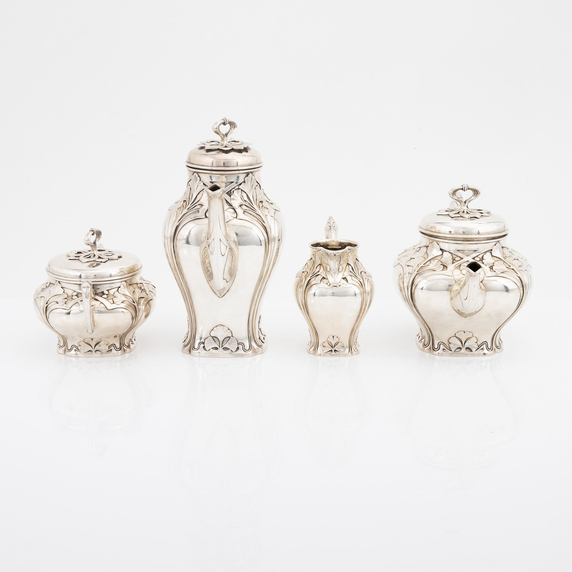 Carl Fredrik Carlman, kaffeservis, 4 delar, silver, jugend, Stockholm, 1907.