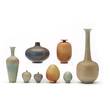 Berndt Friberg, a set of eight stoneware vases, Gustavsberg Studio 1942-61.