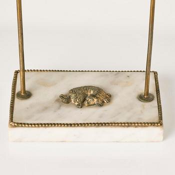 A Gusttavian gilt brass, white marble and tole two-light reading lamp, late 18th century.