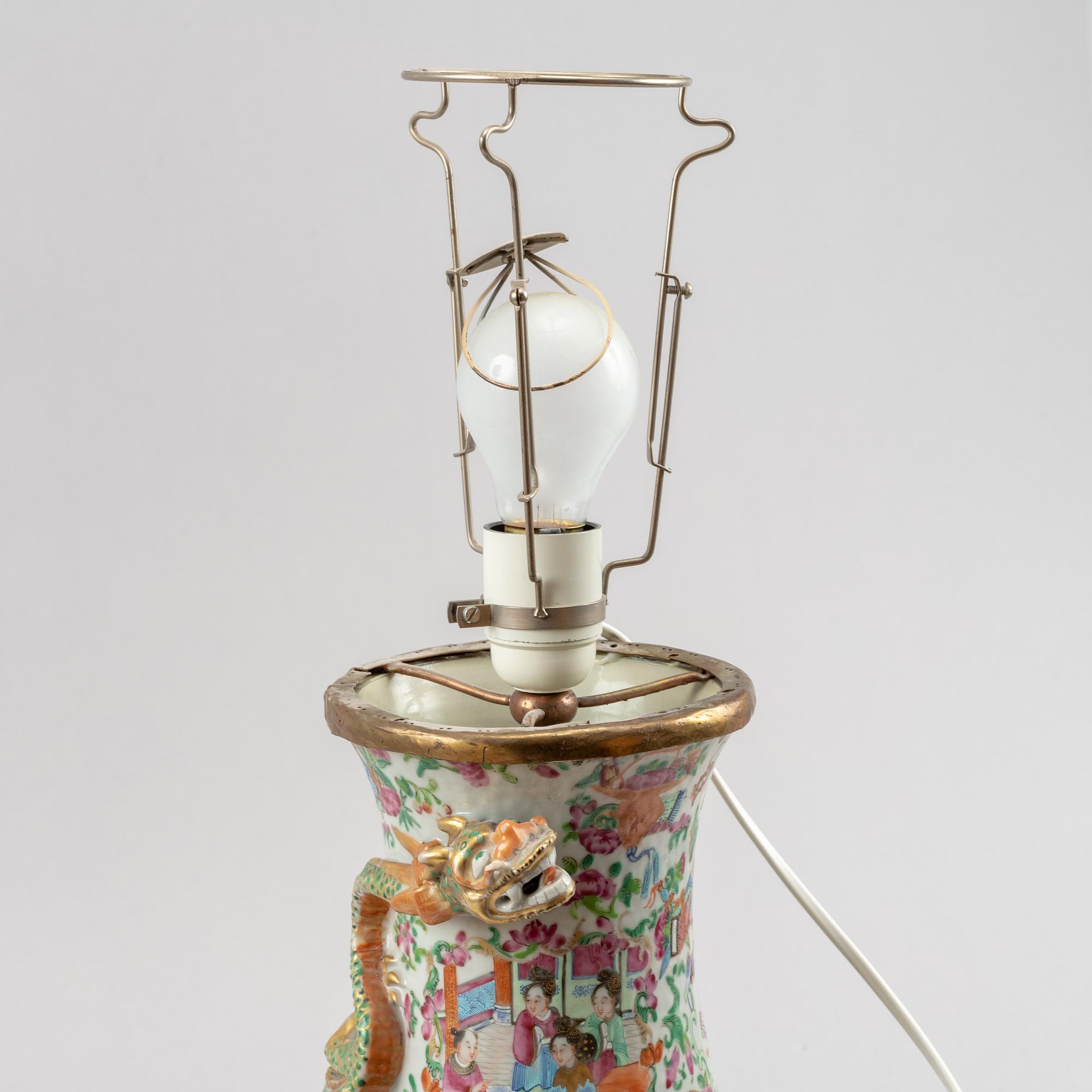 A famille rose Canton vase made in to  a lamp, Qing dynasty, 19th Century.