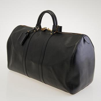 LOUIS VUITTON BLACK EPI LEATHER KEEPALL 50 TRAVEL BAG.