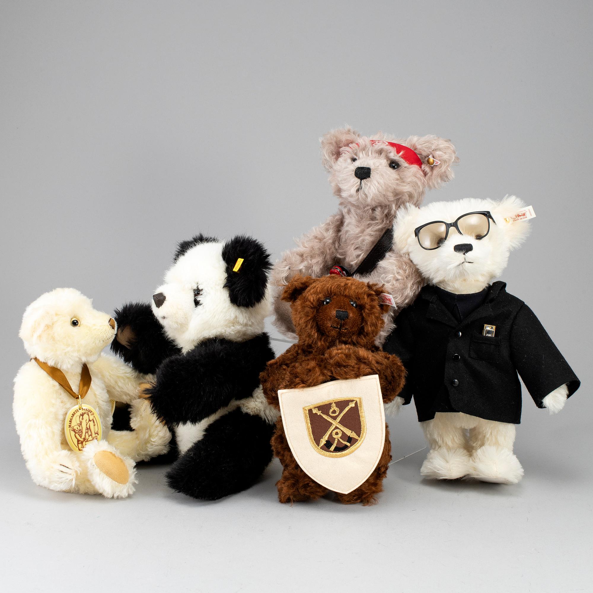 STEIFF, five teddy bears, "Giengen an der Brenz", Toots Thielemans Bear", "Victor the adventurer Teddy bear" etc.
