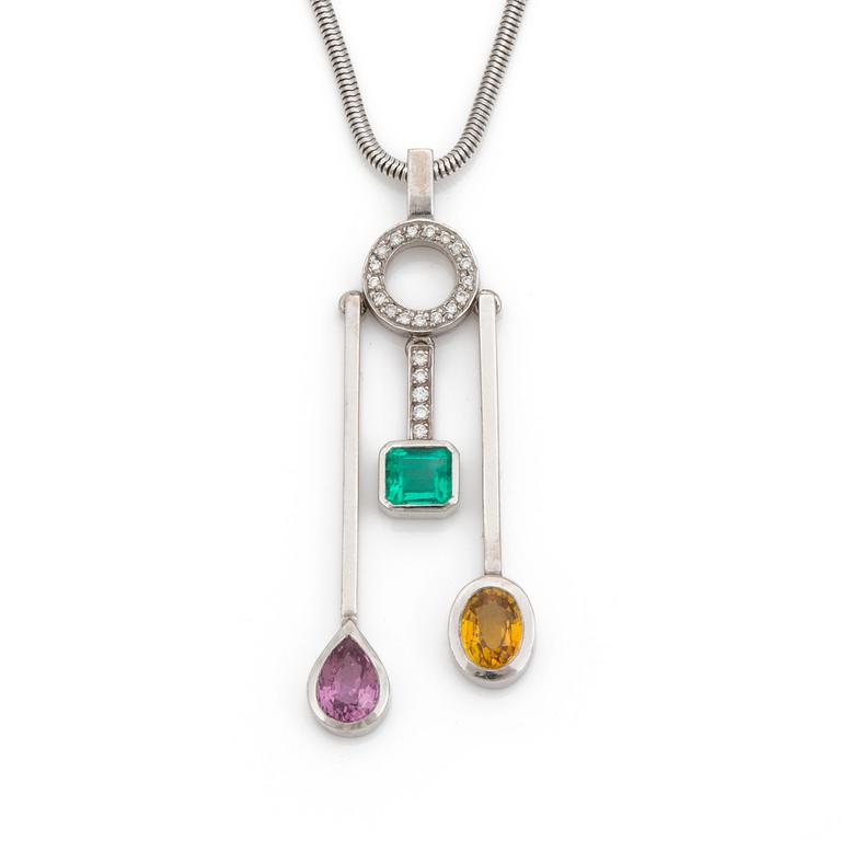 A diamond, emerald and fancy coloured sapphire necklace by Efva Attling.