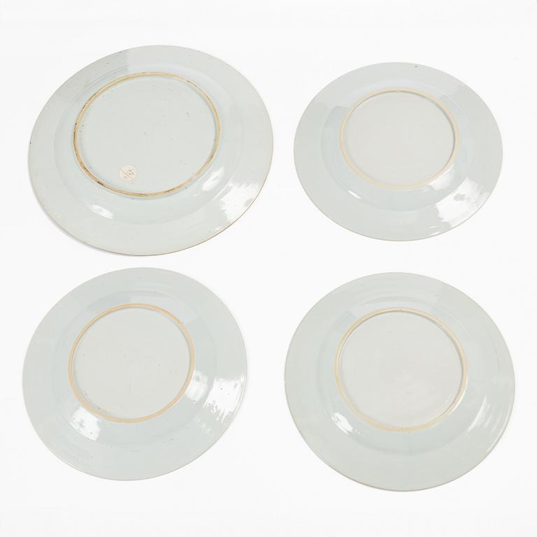 A set of one Chinese blue and white export porcelain dish and three plates, Qing dynasty, Qianlong (1736-95).