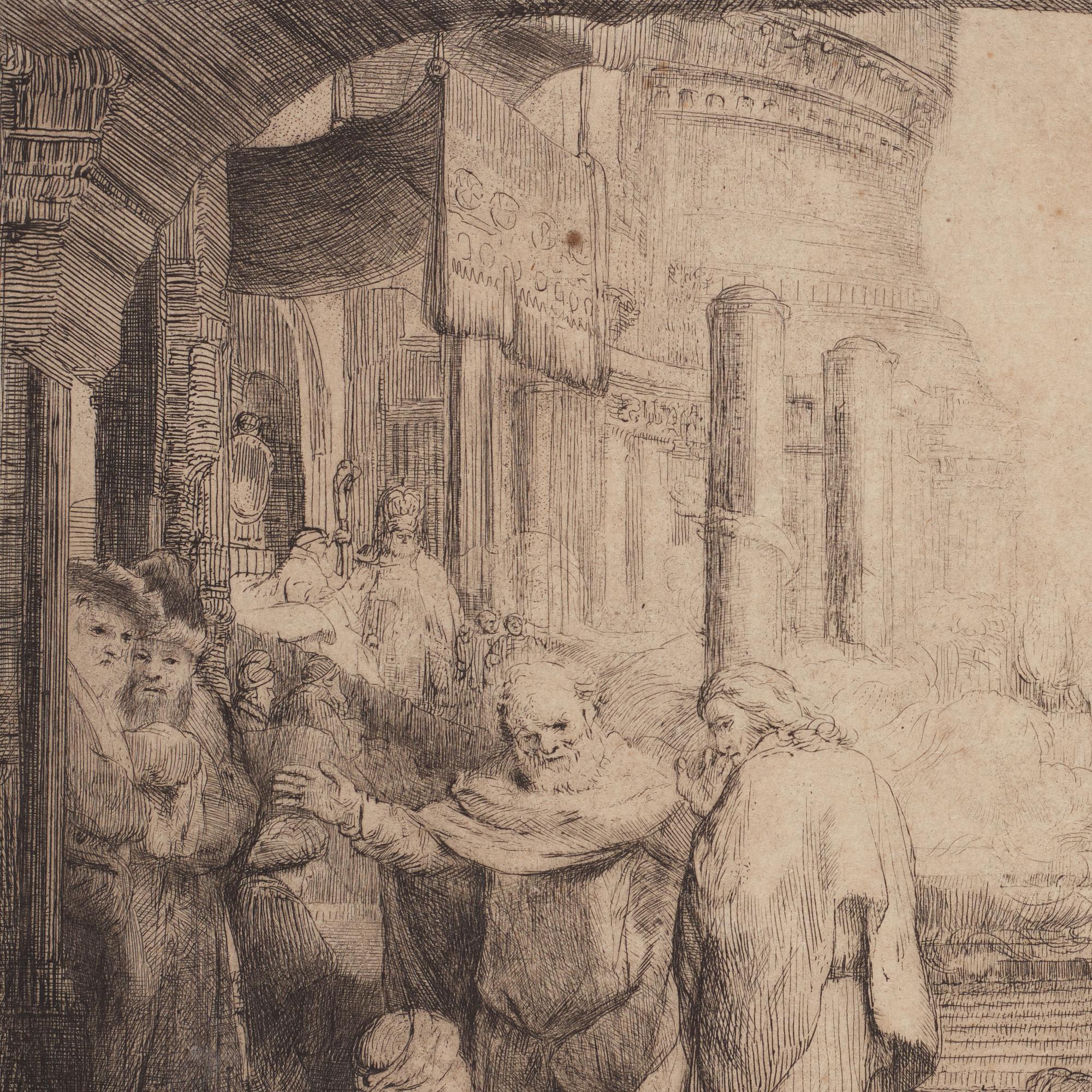 Rembrandt Harmensz van Rijn, “Peter and John at the Gate of the Temple", senare avdrag, troligen 1700-tal.