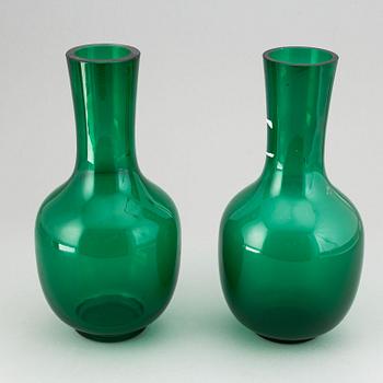 A set of five green and blue glass vases, Sweden, 20th Century.