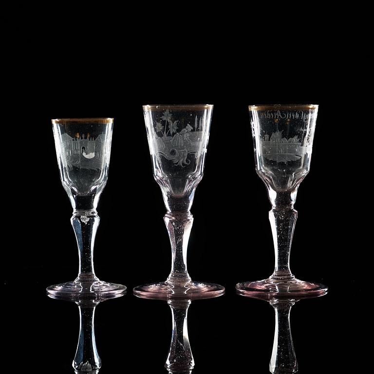 Three Silesian cut, engraved and gilded wine glasses, 1760's.