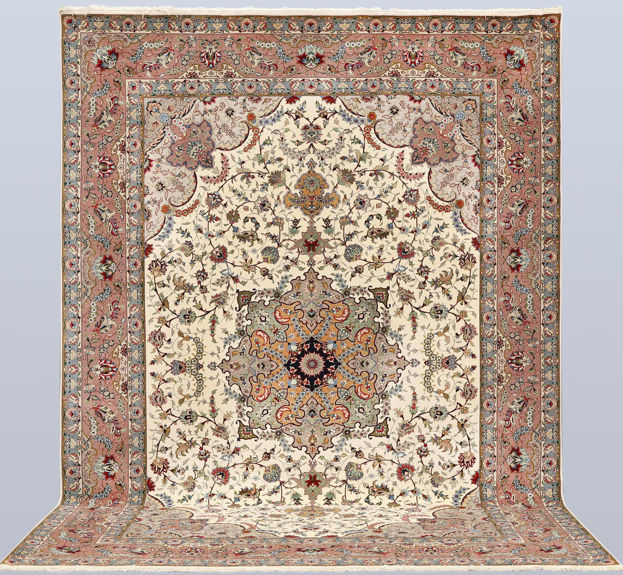 A part silk Tabriz carpet, so-called 50 Raj, approx. 356 x 250 cm.