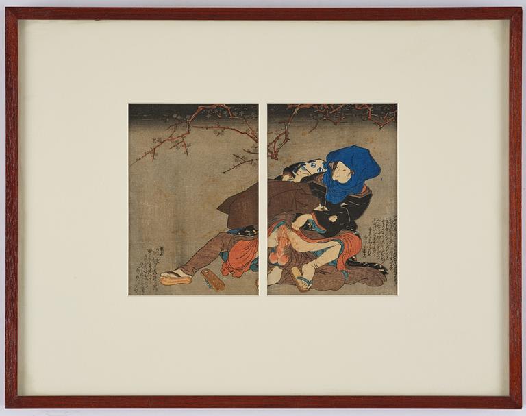 Oidentifierade konstnärer, färgträsnitt, shunga, albumblad, tre diptyker, Japan, 1800-tal.