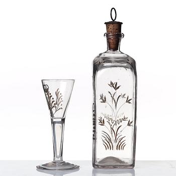 Plunta samt sex stycken spetsglas med Gustav IIIs monogram, Sverige, 1700-tal.