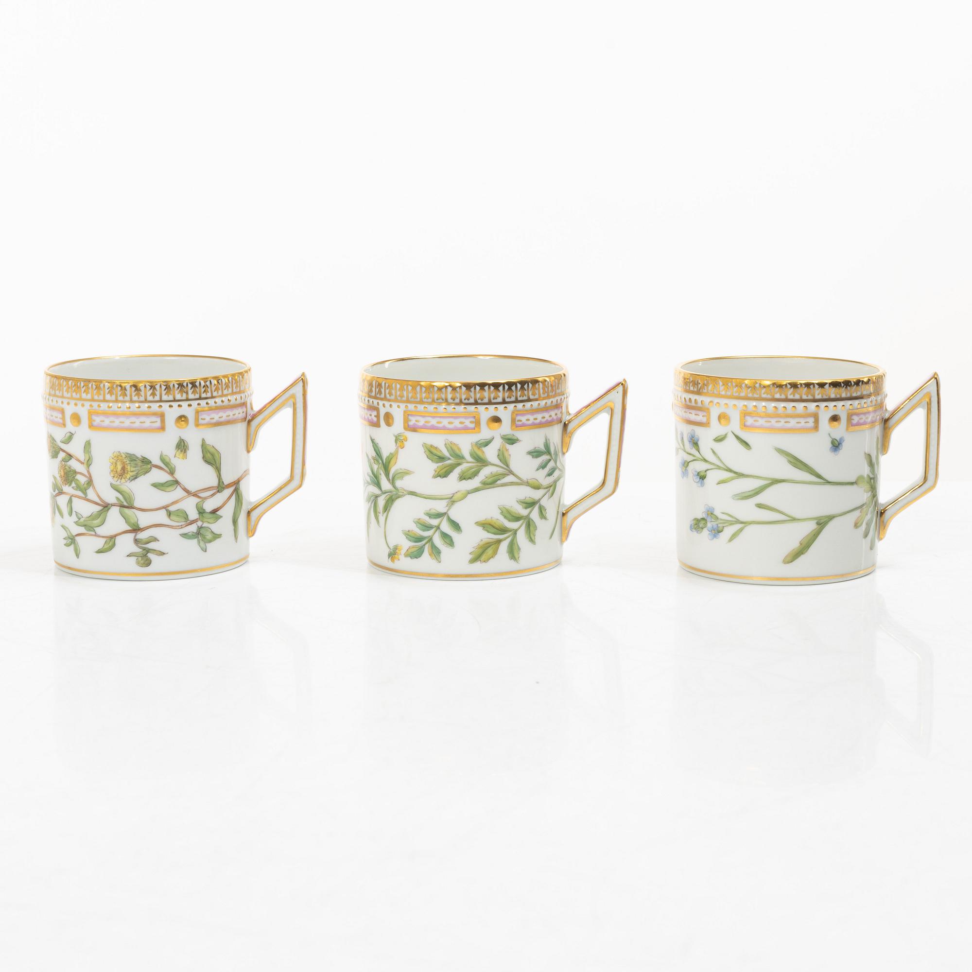 Royal Copenhagen, seven mocka cups with saucers, 'Flora Danica', Denmark.