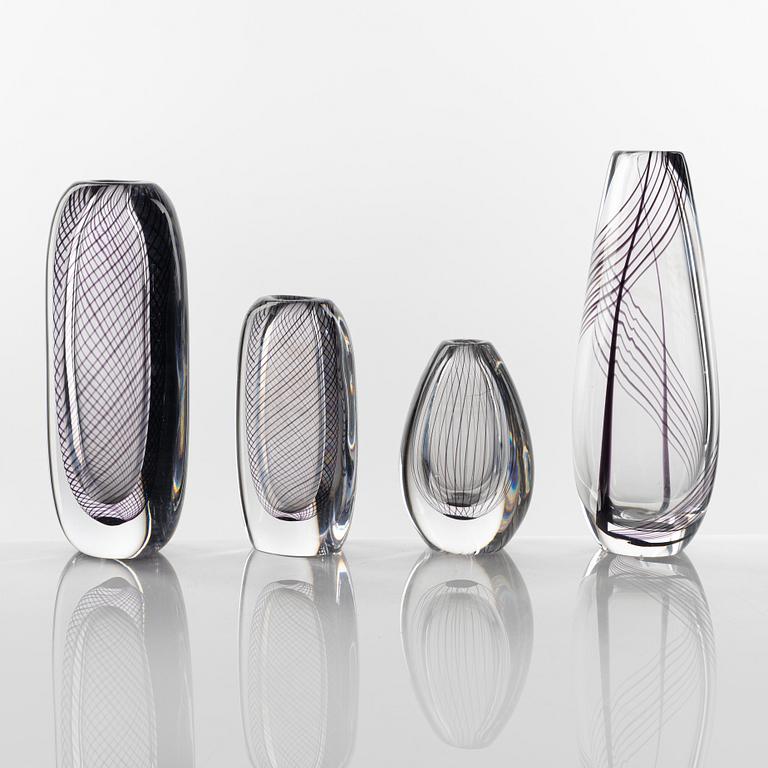 Vicke Lindstrand, four glass vases, Kosta.
