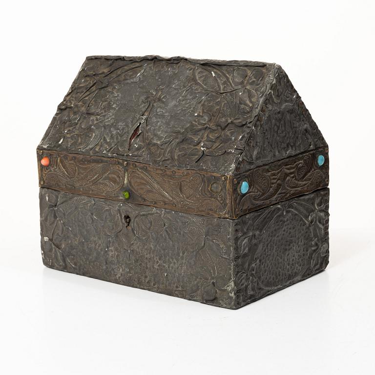 A pewter and copper jewellery box,  with inlaid stones, France, probably circa 1900.
