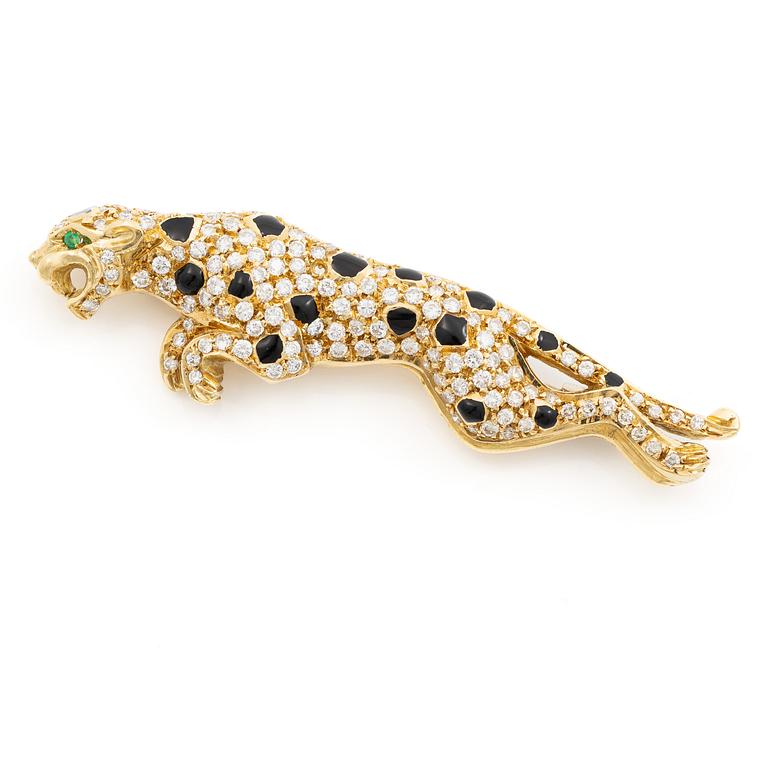 Panther brooch, 18K gold with brilliant-cut diamonds and enamel.