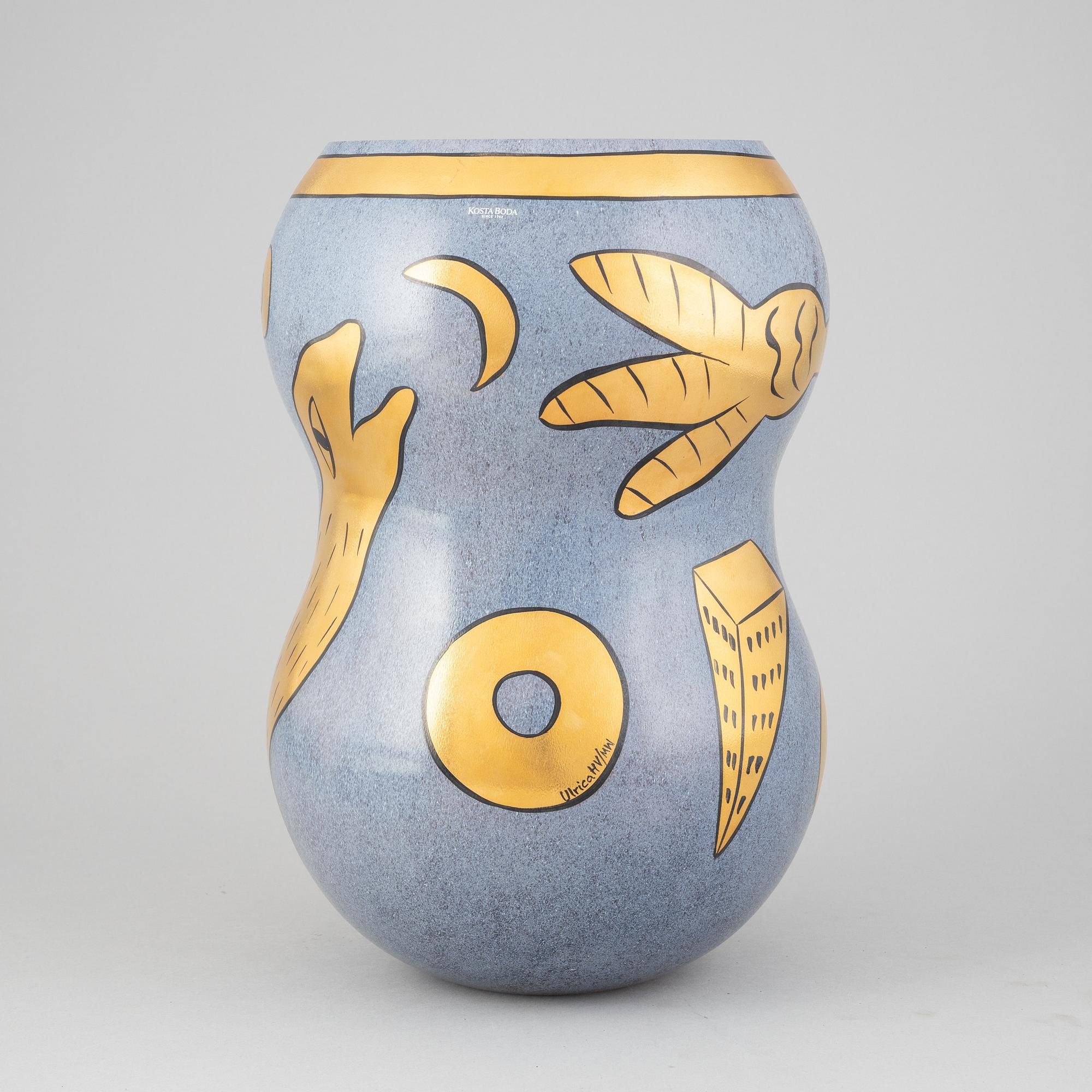 Ulrica Hydman-Vallien, vas, pokal, samt 6 glas, Kosta Boda, signerade.
