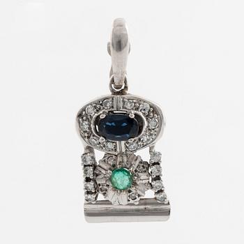 18K white gold, sapphire, emerald and diamond pendant.