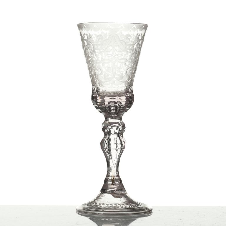 A English engraved and cut glass goblet, 18th Century.