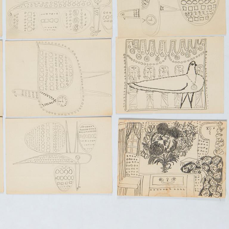 Birger Kaipiainen, samling originalskisser, 38 st, blyerts, på Rörstrands avlöningskontorets konteringskort, 1954 - 1958.